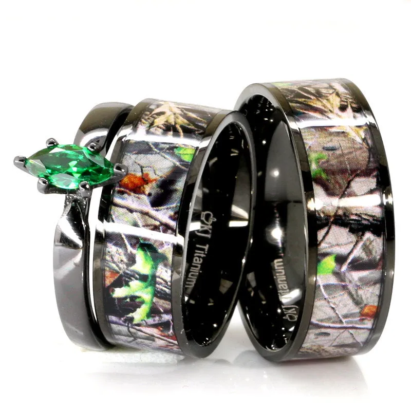 Shadow Forest - Green Marquise Camo Set | 3 pcs Engagement Ring & Wedding Bands Set