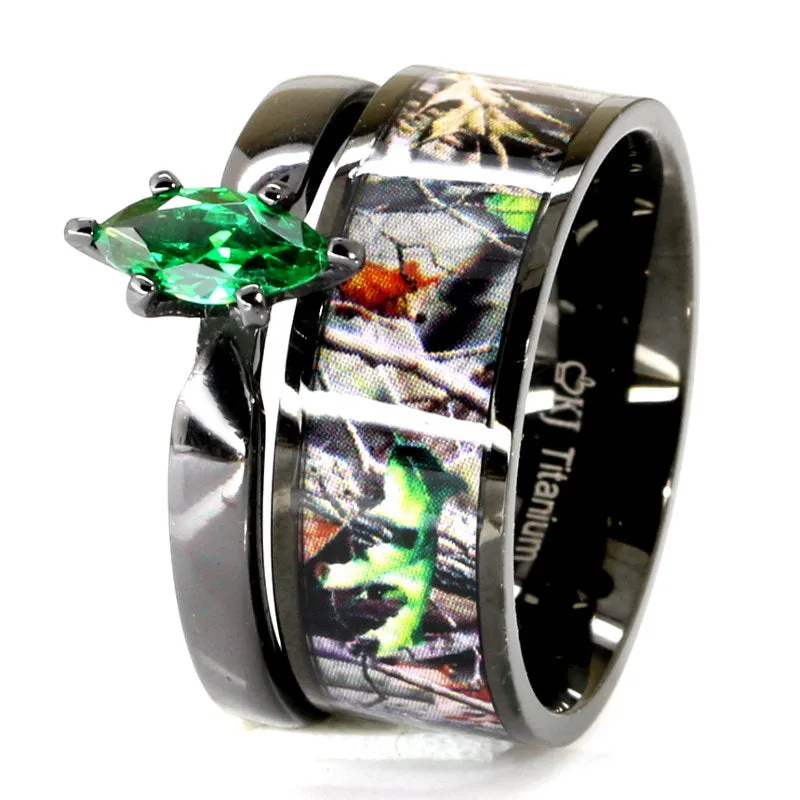 Shadow Forest - Green Marquise Camo Set | 3 pcs Engagement Ring & Wedding Bands Set