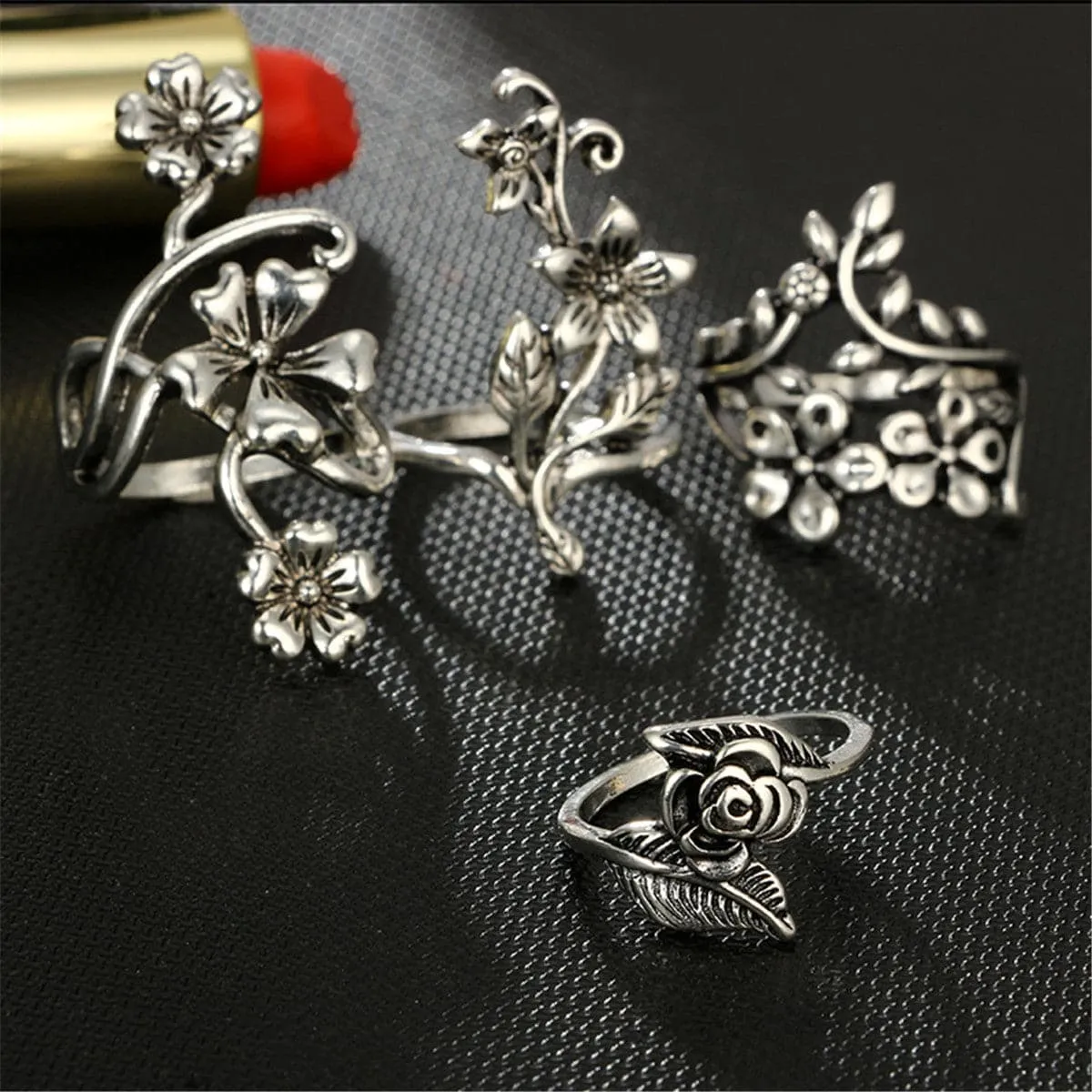 Silver-Plated Floral Leaf Ring Set