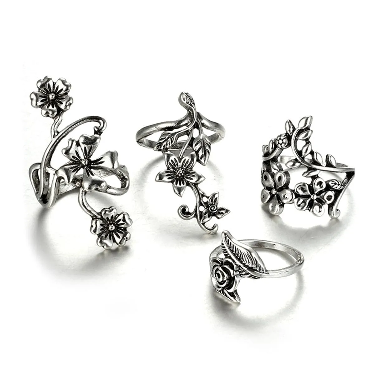Silver-Plated Floral Leaf Ring Set