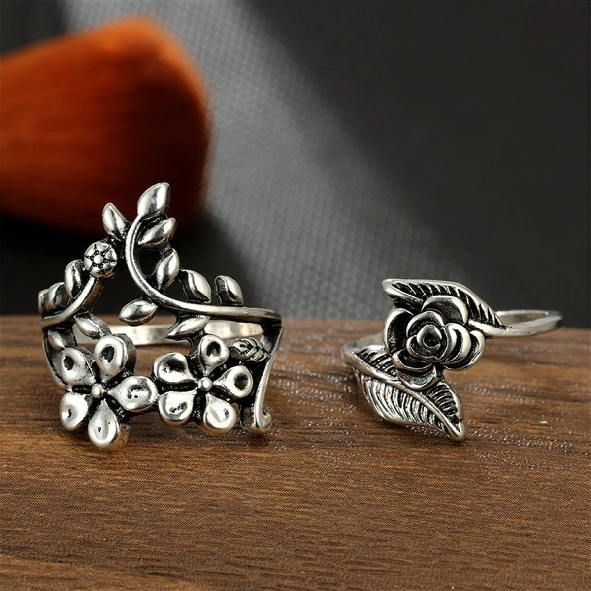 Silver-Plated Floral Leaf Ring Set