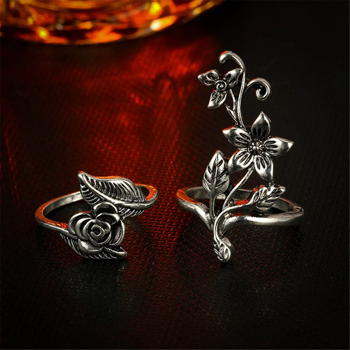 Silver-Plated Floral Leaf Ring Set
