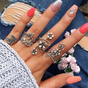 Silver-Plated Floral Leaf Ring Set