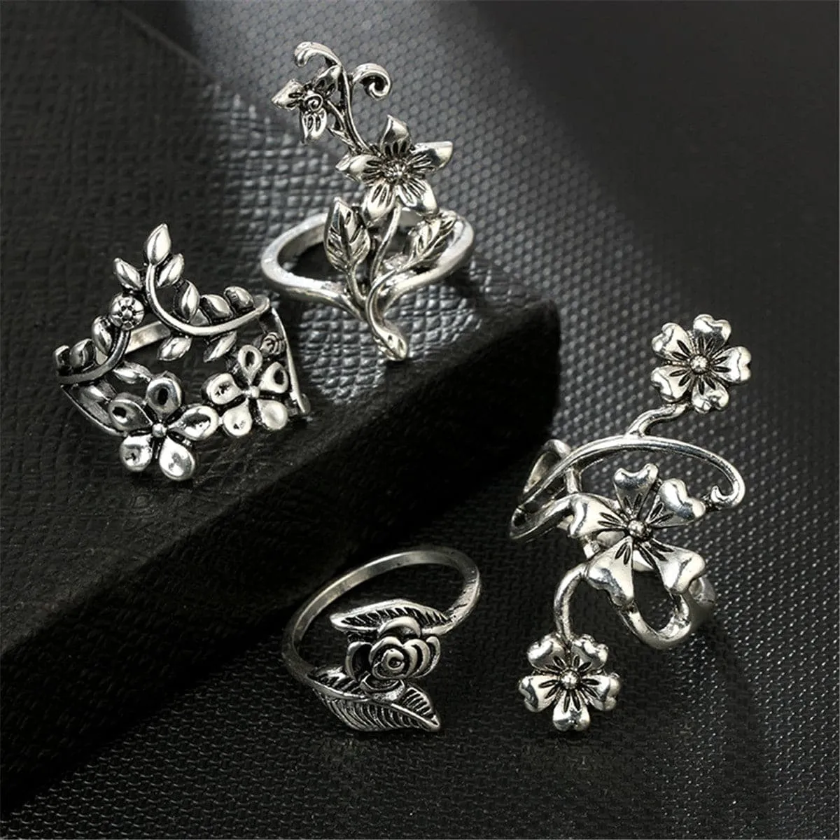 Silver-Plated Floral Leaf Ring Set
