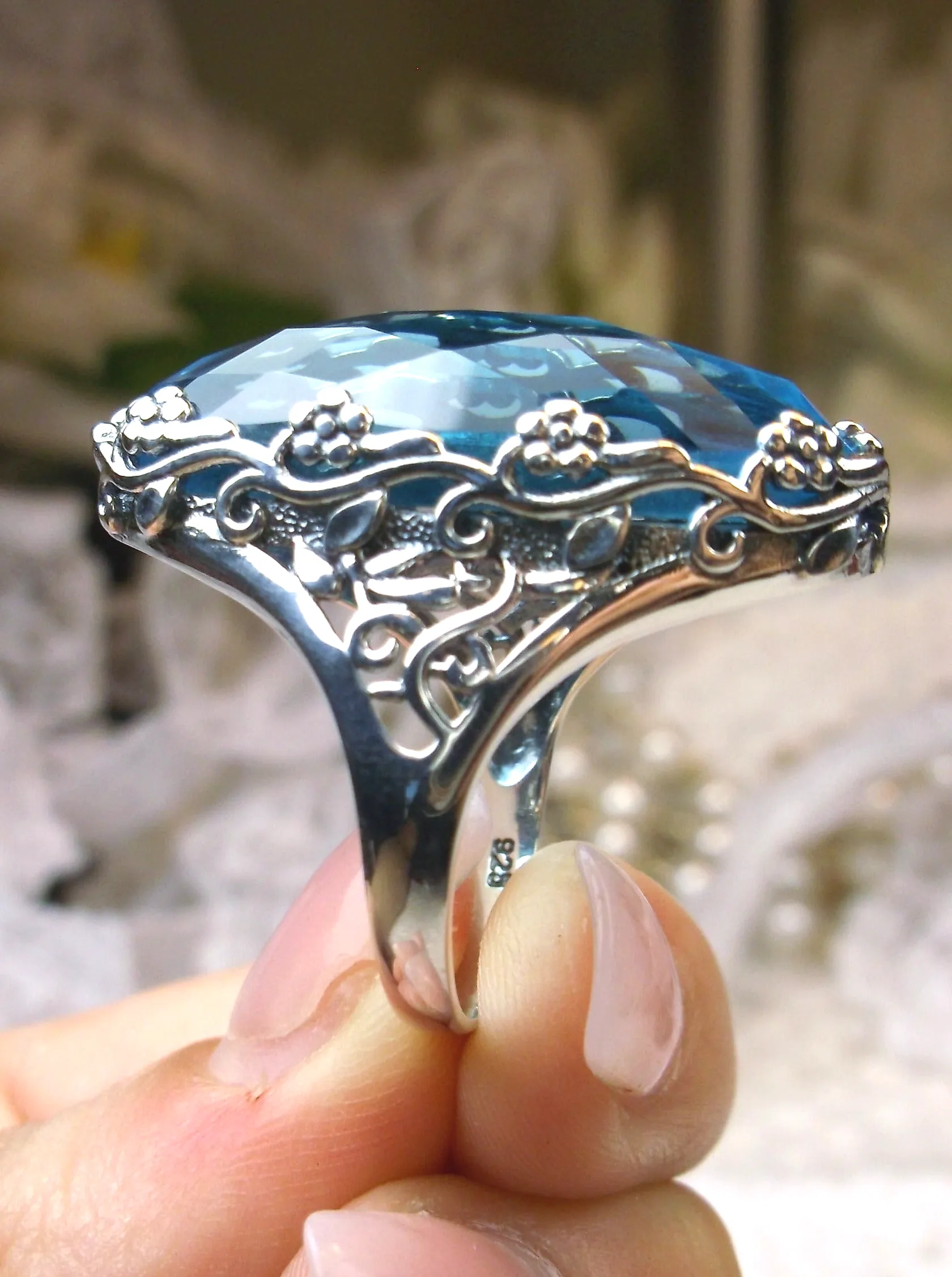 Sky Blue Aquamarine Ring, Large Oval gem, Vintage Reproduction Jewelry, Rosey Design #D97