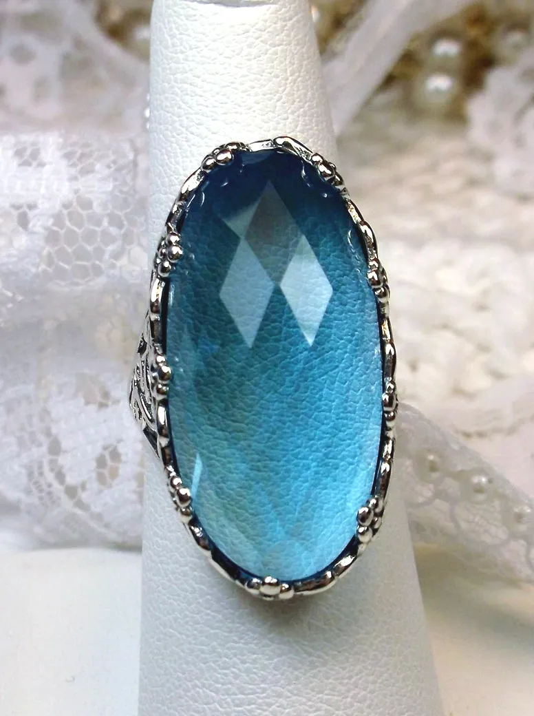 Sky Blue Aquamarine Ring, Large Oval gem, Vintage Reproduction Jewelry, Rosey Design #D97