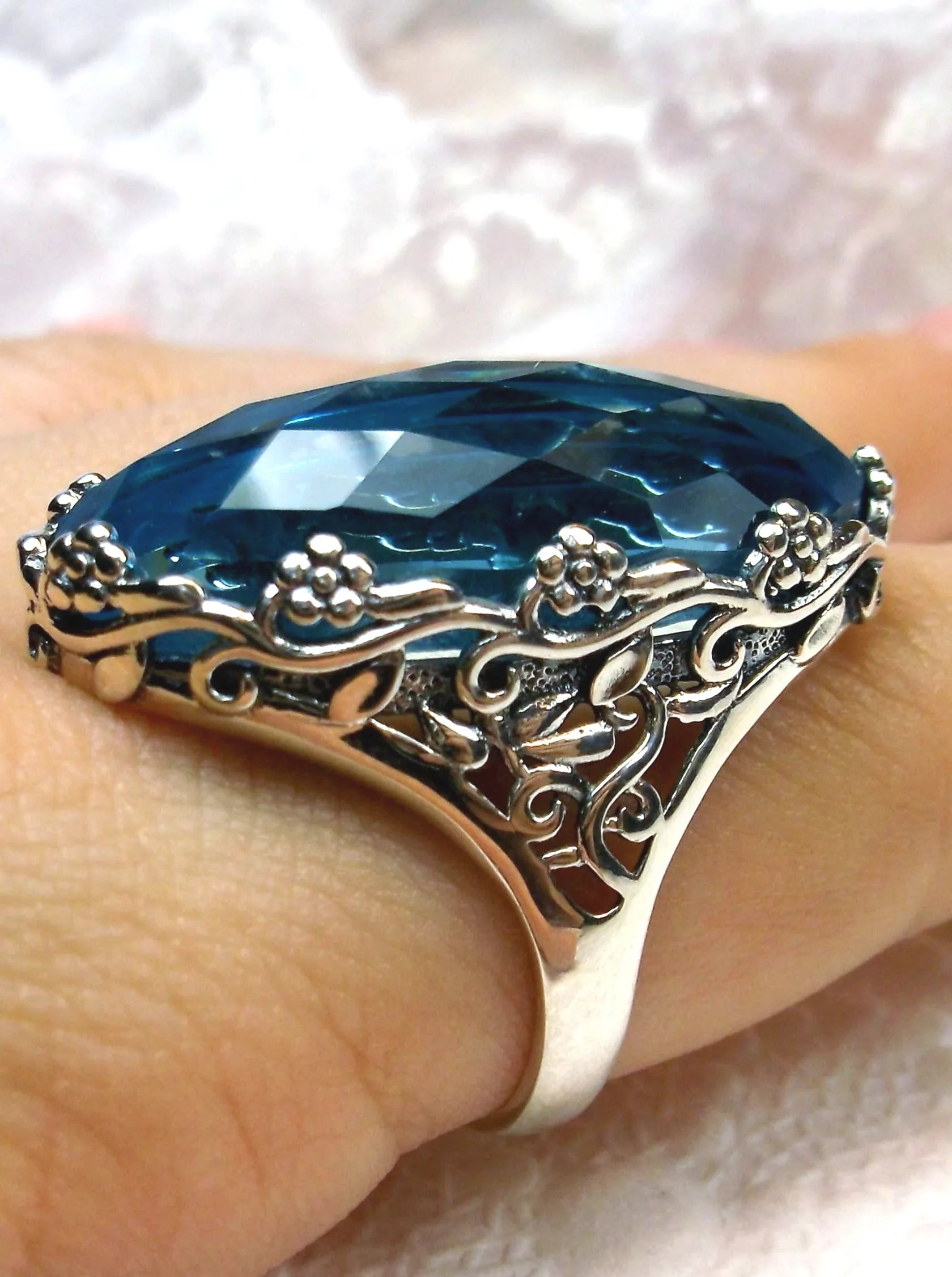 Sky Blue Aquamarine Ring, Large Oval gem, Vintage Reproduction Jewelry, Rosey Design #D97