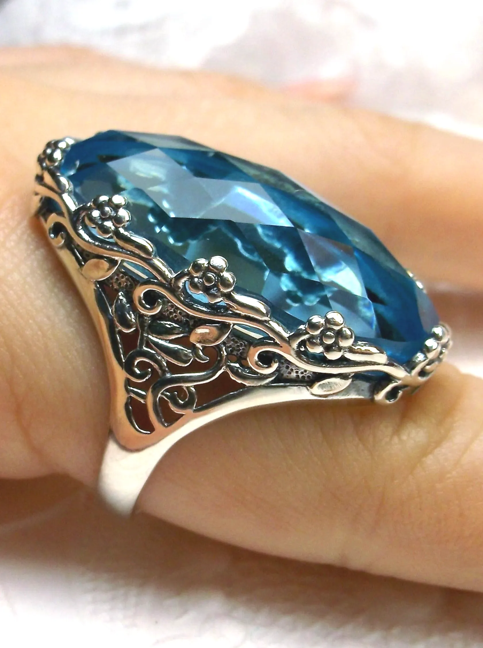 Sky Blue Aquamarine Ring, Large Oval gem, Vintage Reproduction Jewelry, Rosey Design #D97