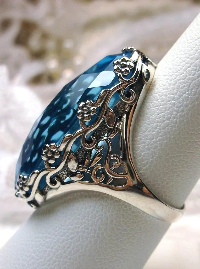 Sky Blue Aquamarine Ring, Large Oval gem, Vintage Reproduction Jewelry, Rosey Design #D97