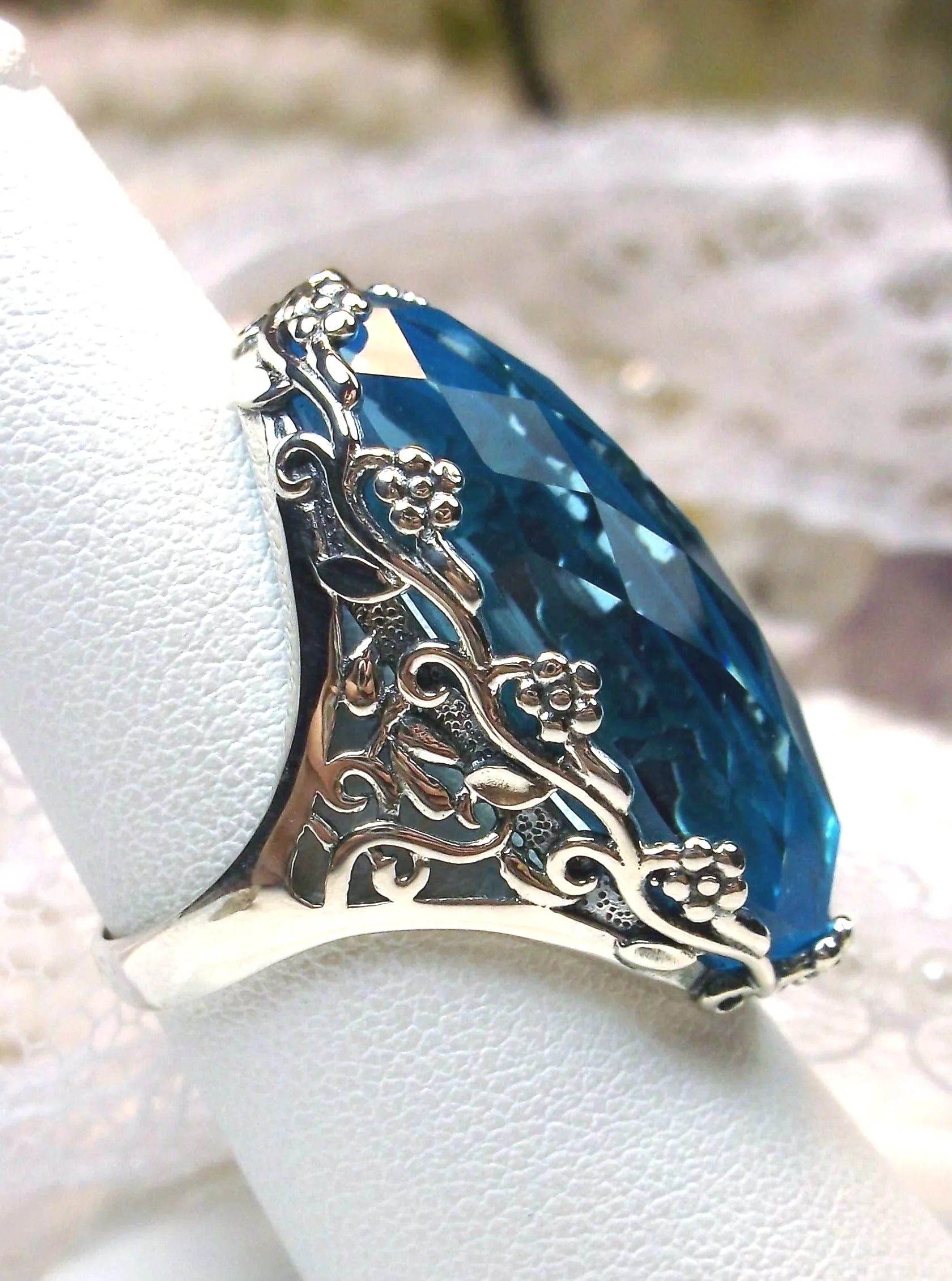 Sky Blue Aquamarine Ring, Large Oval gem, Vintage Reproduction Jewelry, Rosey Design #D97