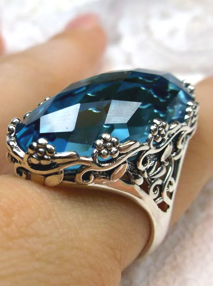 Sky Blue Aquamarine Ring, Large Oval gem, Vintage Reproduction Jewelry, Rosey Design #D97