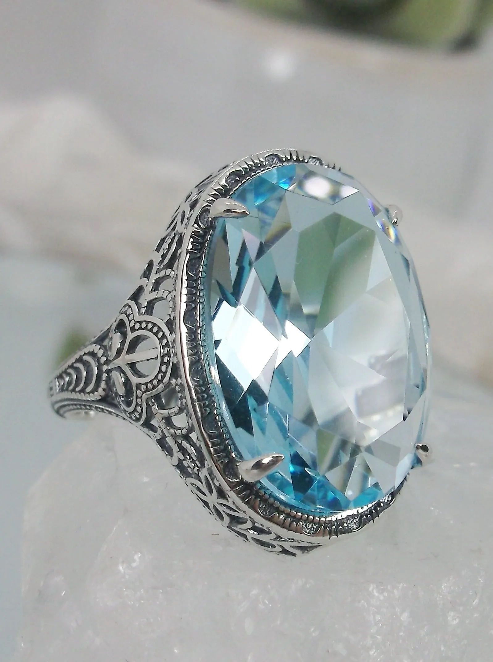 Sky Blue Ring, Natural or Simulated, Persian Design, Art Deco Vintage Revival Jewelry #D230