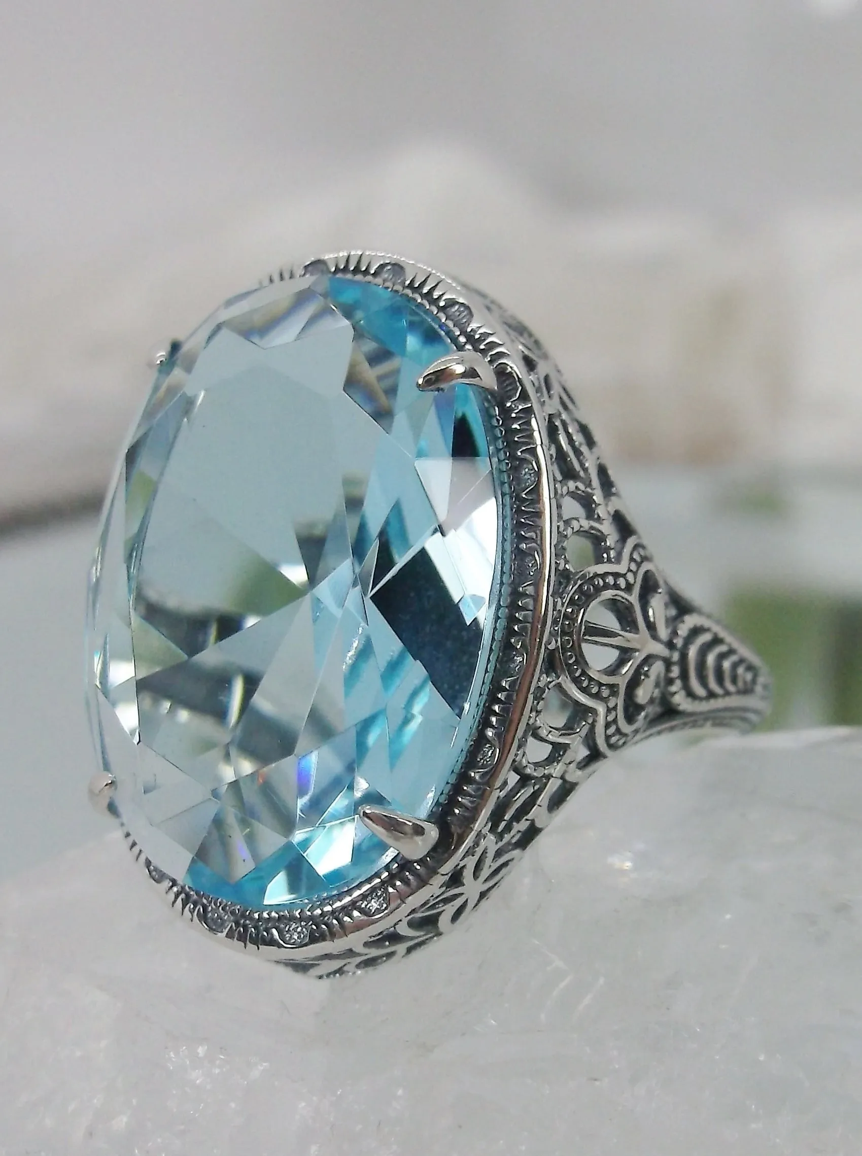 Sky Blue Ring, Natural or Simulated, Persian Design, Art Deco Vintage Revival Jewelry #D230