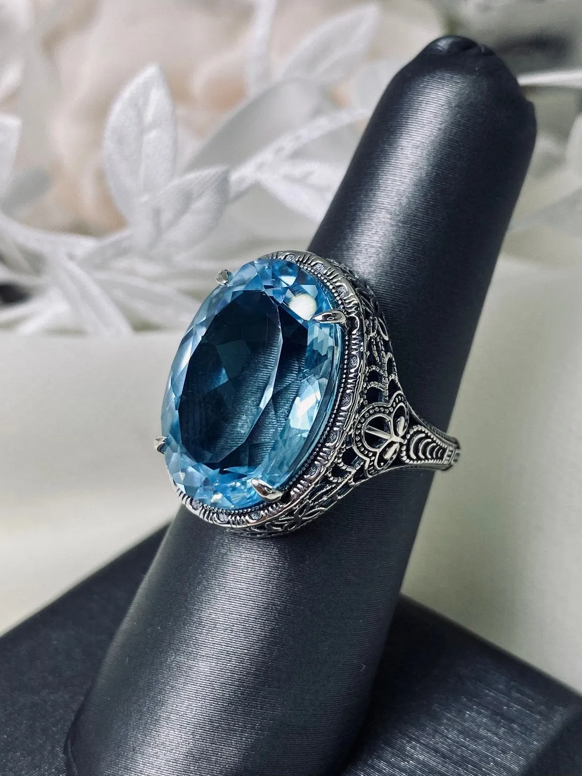Sky Blue Ring, Natural or Simulated, Persian Design, Art Deco Vintage Revival Jewelry #D230