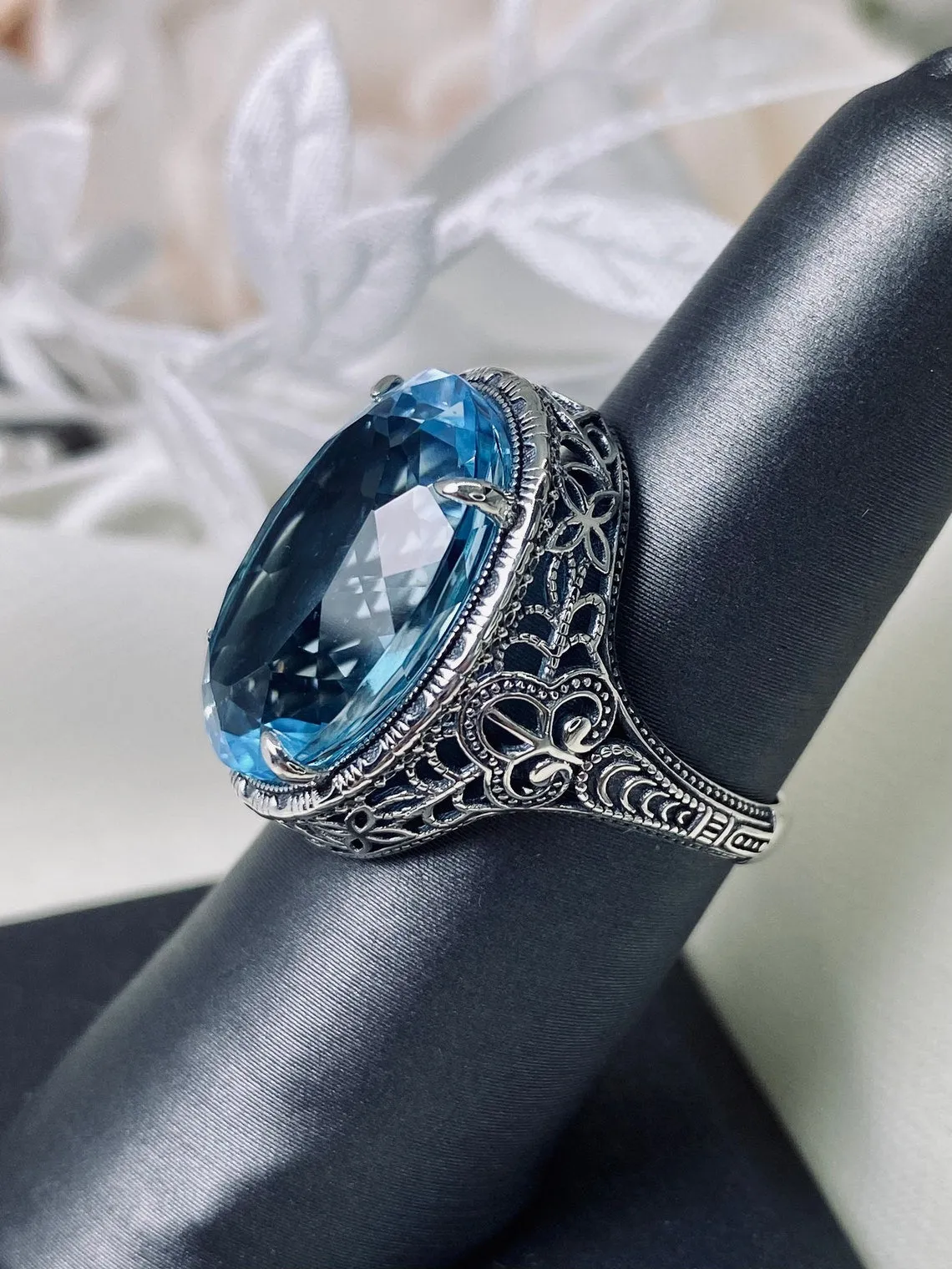 Sky Blue Ring, Natural or Simulated, Persian Design, Art Deco Vintage Revival Jewelry #D230