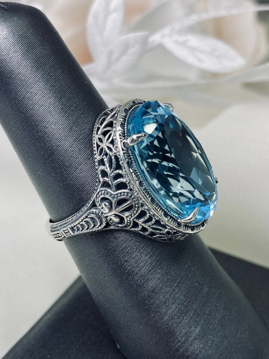 Sky Blue Ring, Natural or Simulated, Persian Design, Art Deco Vintage Revival Jewelry #D230