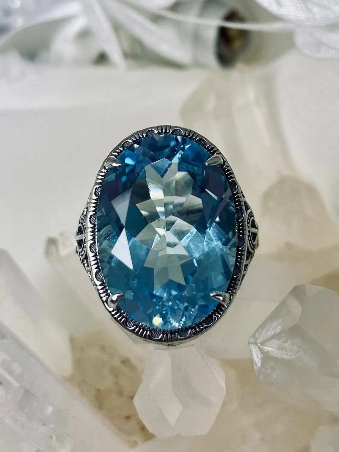 Sky Blue Ring, Natural or Simulated, Persian Design, Art Deco Vintage Revival Jewelry #D230