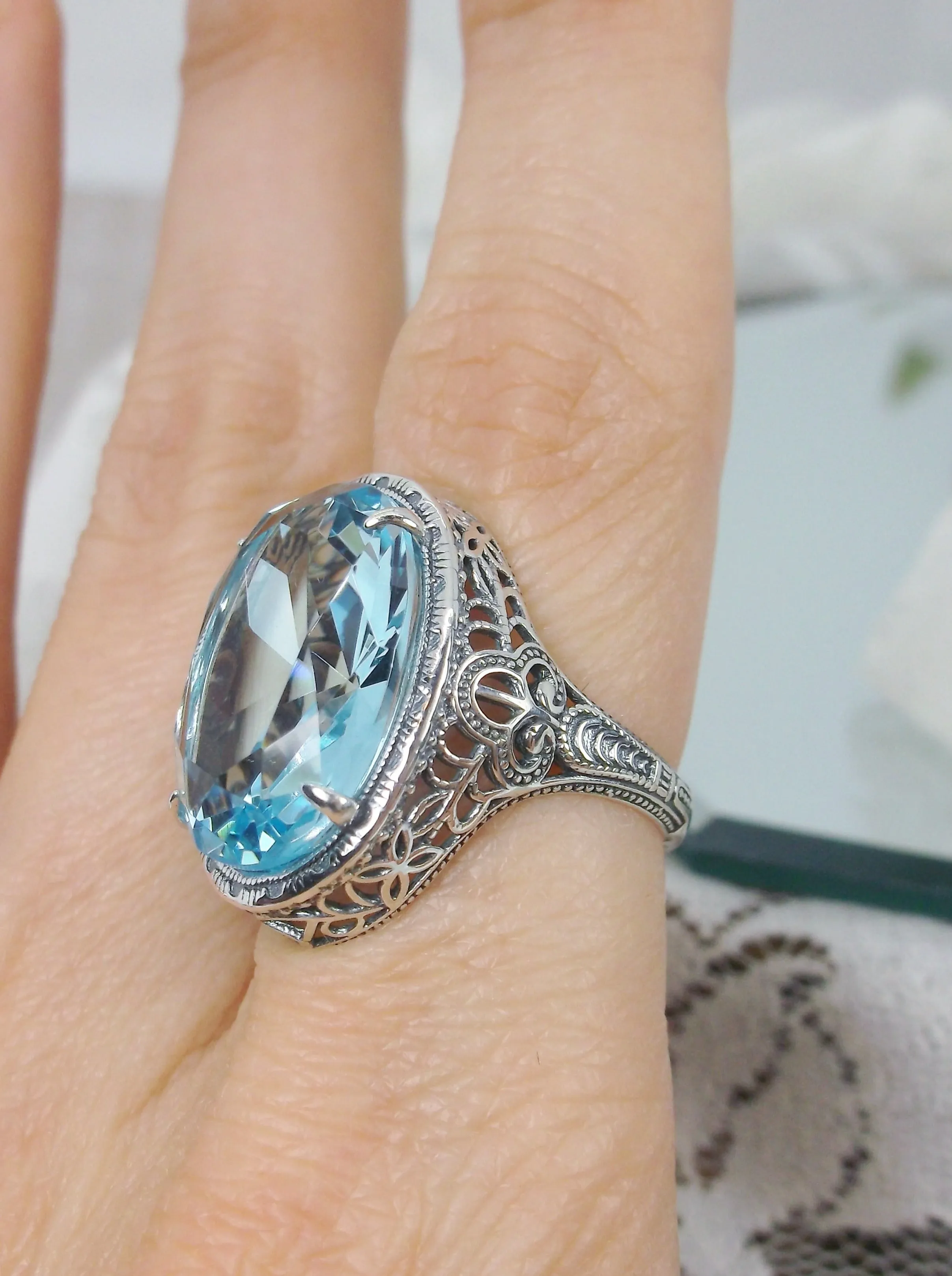 Sky Blue Ring, Natural or Simulated, Persian Design, Art Deco Vintage Revival Jewelry #D230