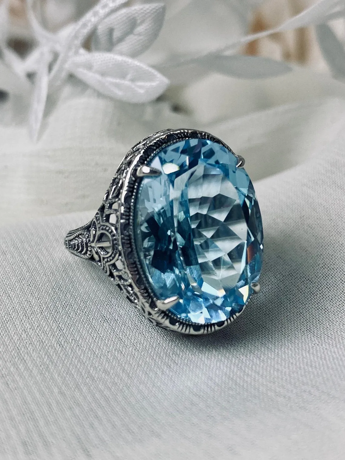 Sky Blue Ring, Natural or Simulated, Persian Design, Art Deco Vintage Revival Jewelry #D230