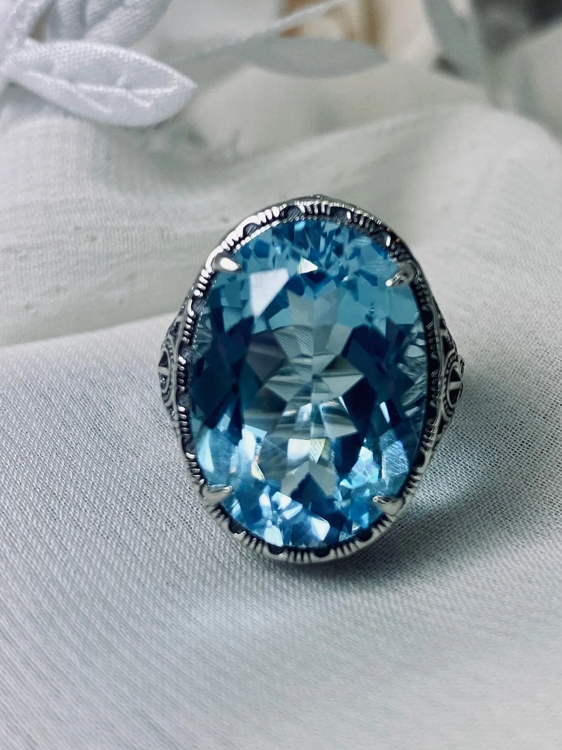Sky Blue Ring, Natural or Simulated, Persian Design, Art Deco Vintage Revival Jewelry #D230