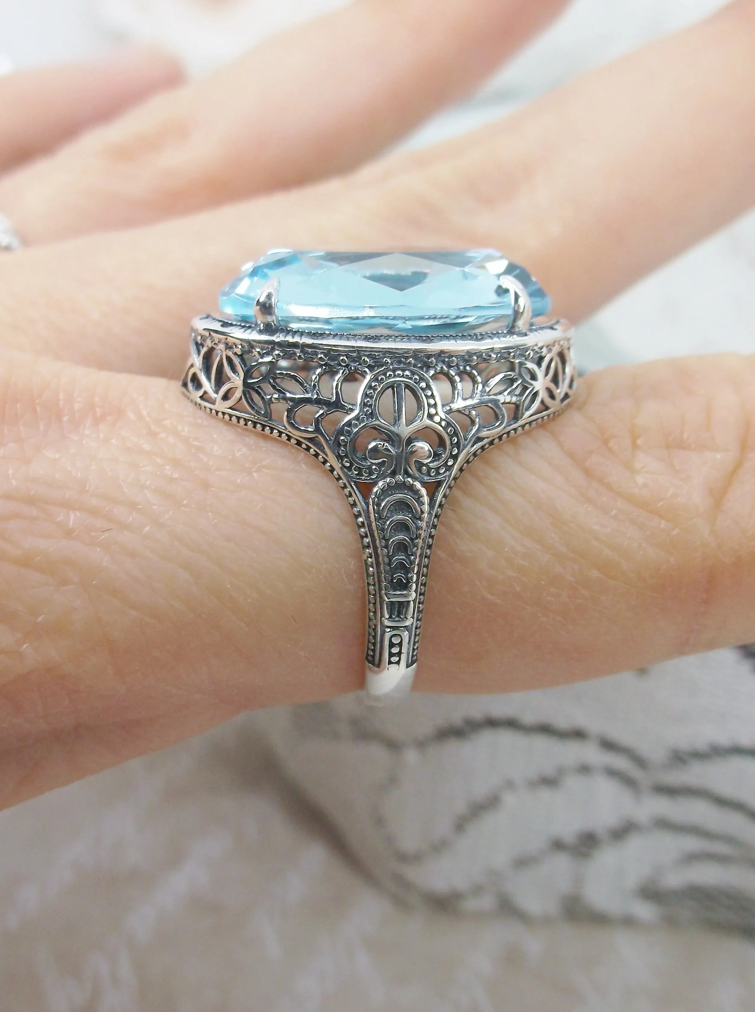 Sky Blue Ring, Natural or Simulated, Persian Design, Art Deco Vintage Revival Jewelry #D230