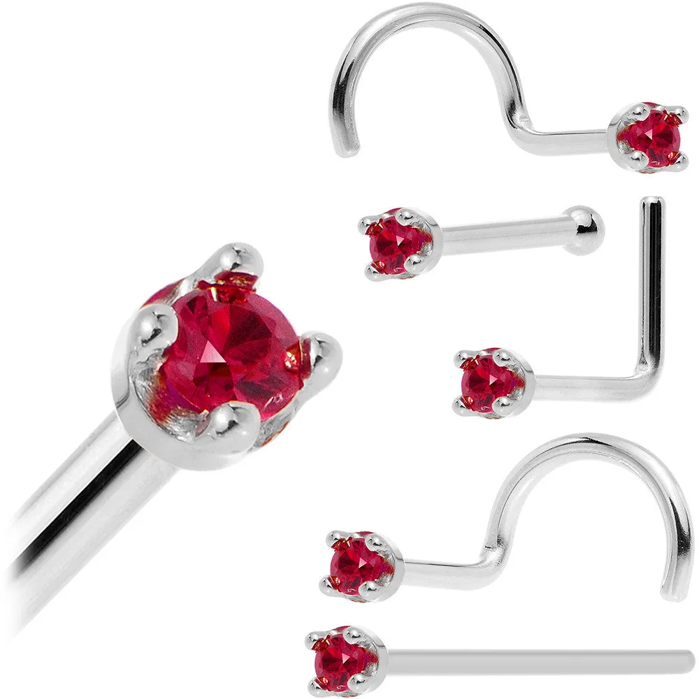 Solid 14KT White Gold 1.5mm Diamond Cut Genuine Ruby Nose Ring