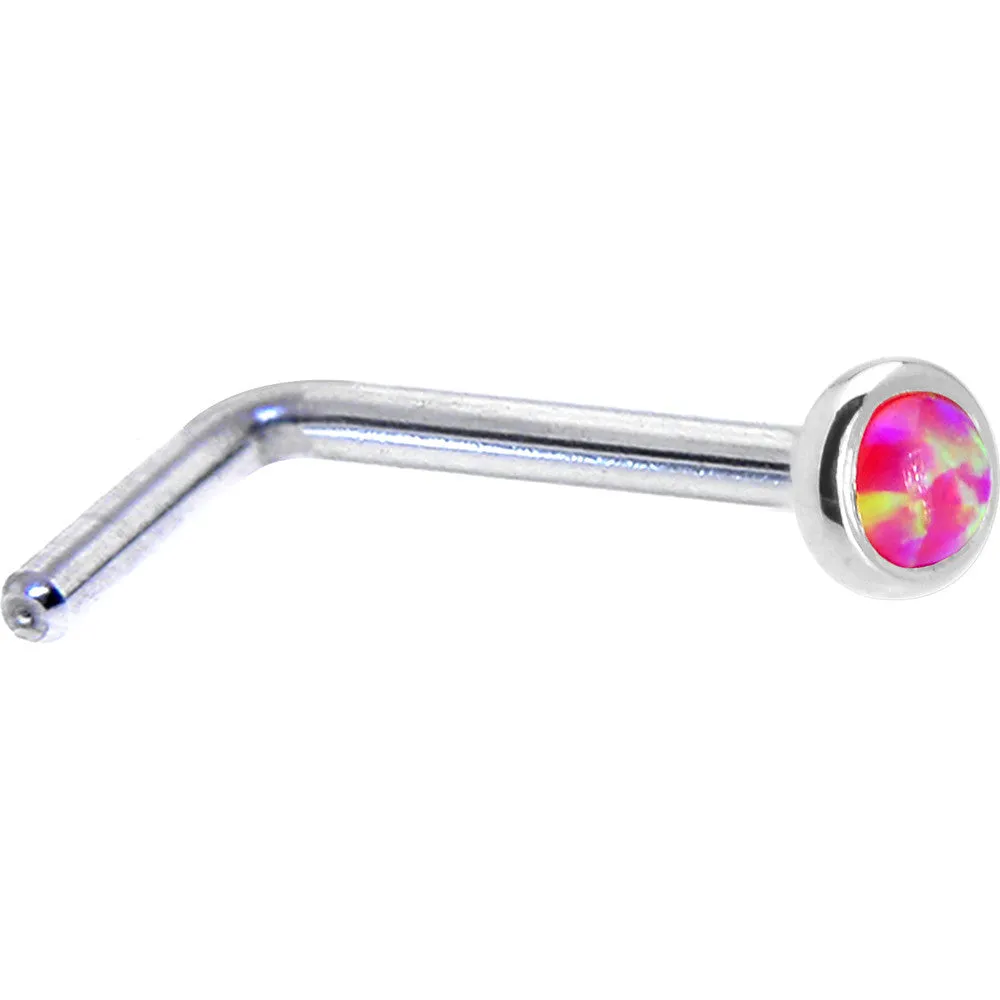 Solid 14KT White Gold 2mm Brilliant Pink Synthetic Opal Nose Ring