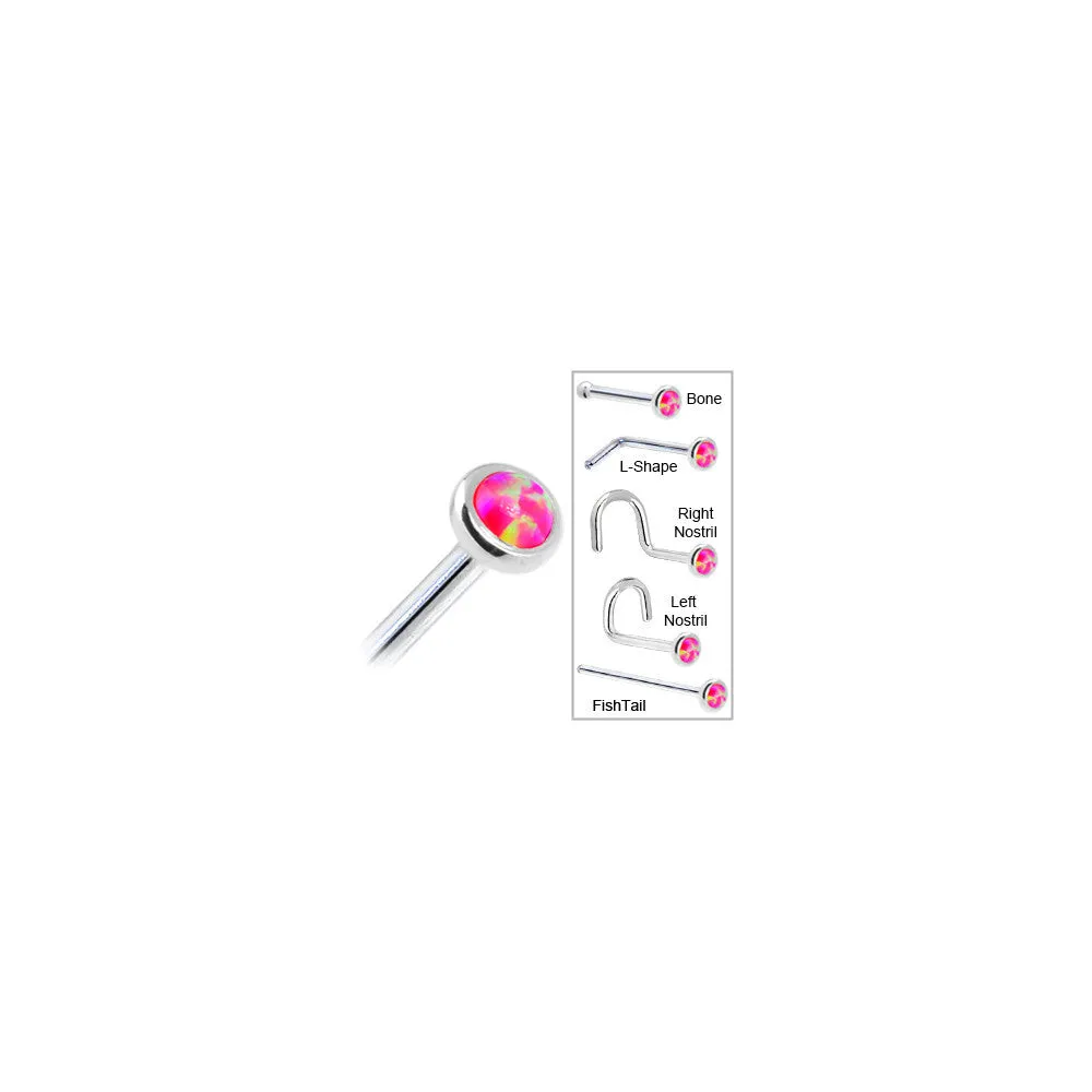 Solid 14KT White Gold 2mm Brilliant Pink Synthetic Opal Nose Ring