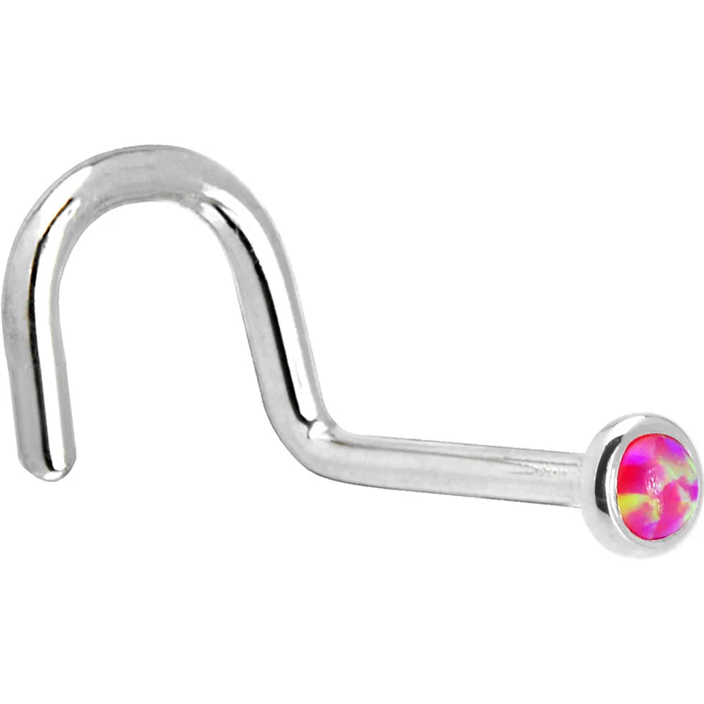 Solid 14KT White Gold 2mm Brilliant Pink Synthetic Opal Nose Ring