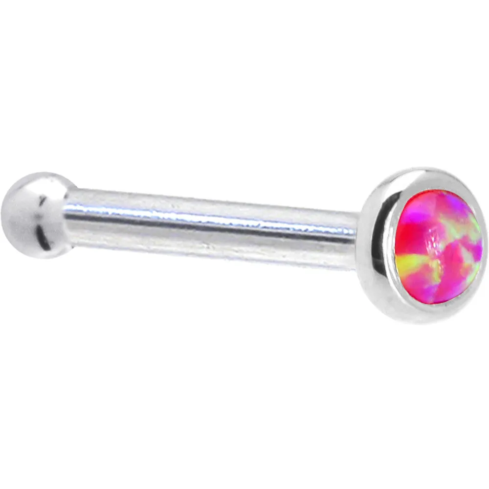 Solid 14KT White Gold 2mm Brilliant Pink Synthetic Opal Nose Ring