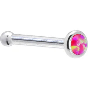 Solid 14KT White Gold 2mm Brilliant Pink Synthetic Opal Nose Ring