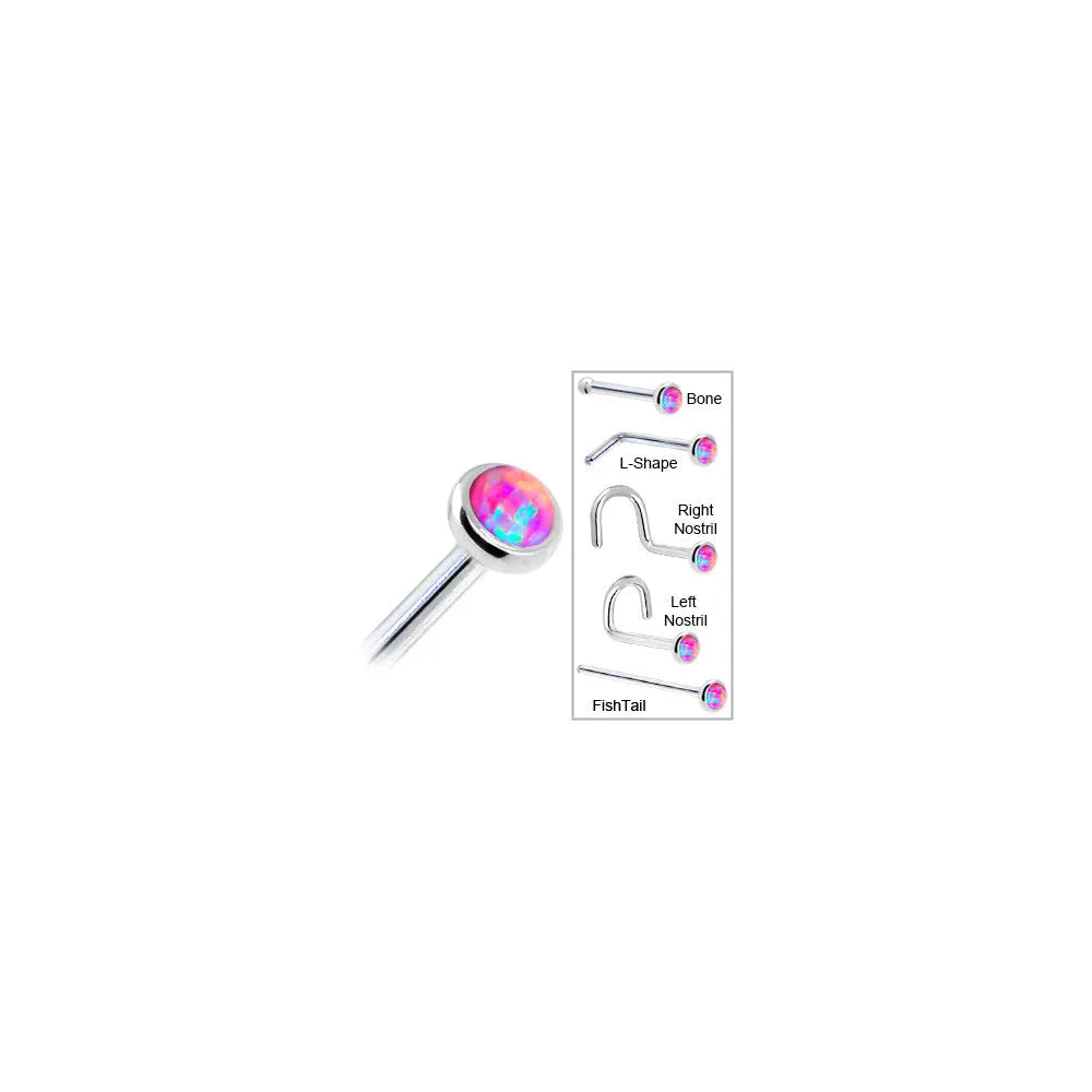 Solid 14KT White Gold 2mm Fuchsia Synthetic Opal Nose Ring