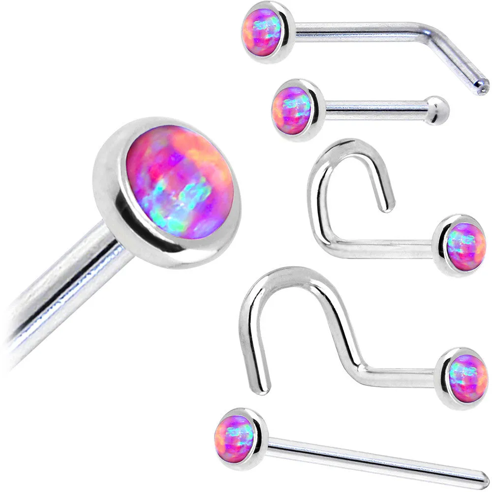 Solid 14KT White Gold 2mm Fuchsia Synthetic Opal Nose Ring