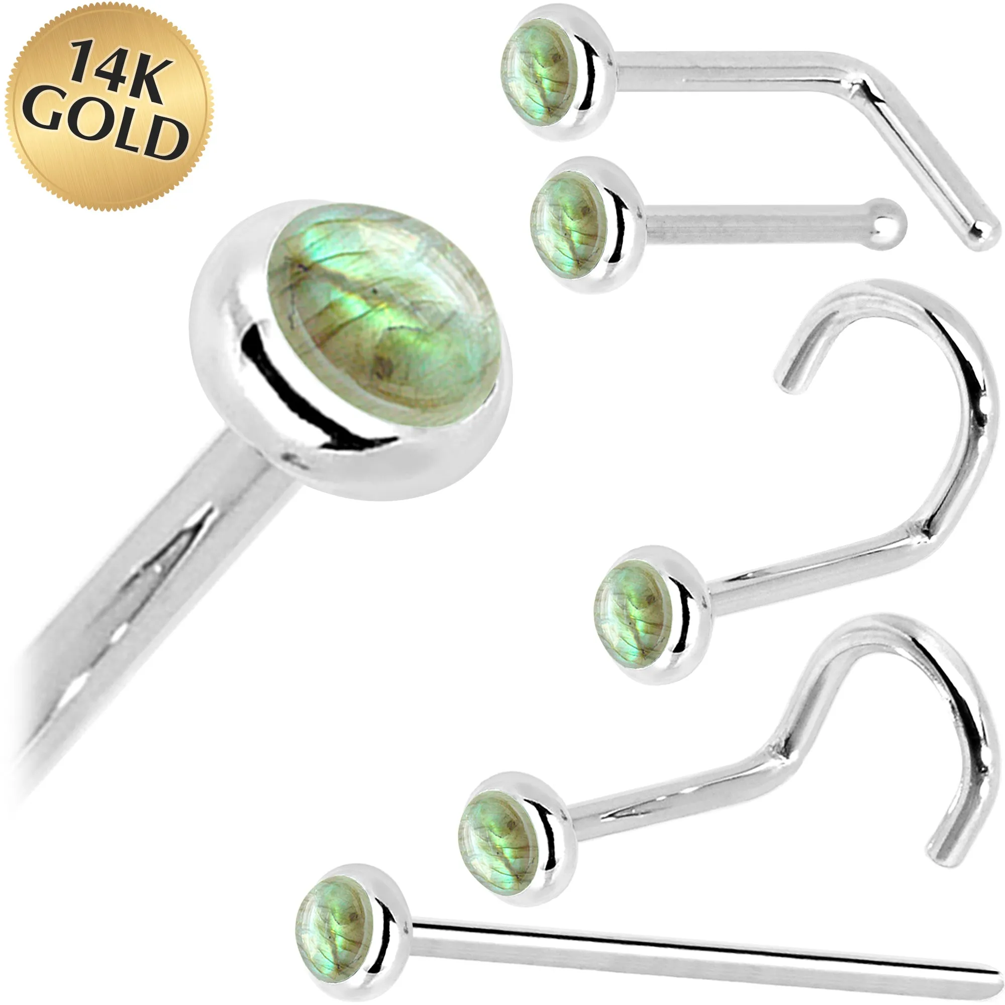 Solid 14KT White Gold 2mm Labradorite Nose Ring