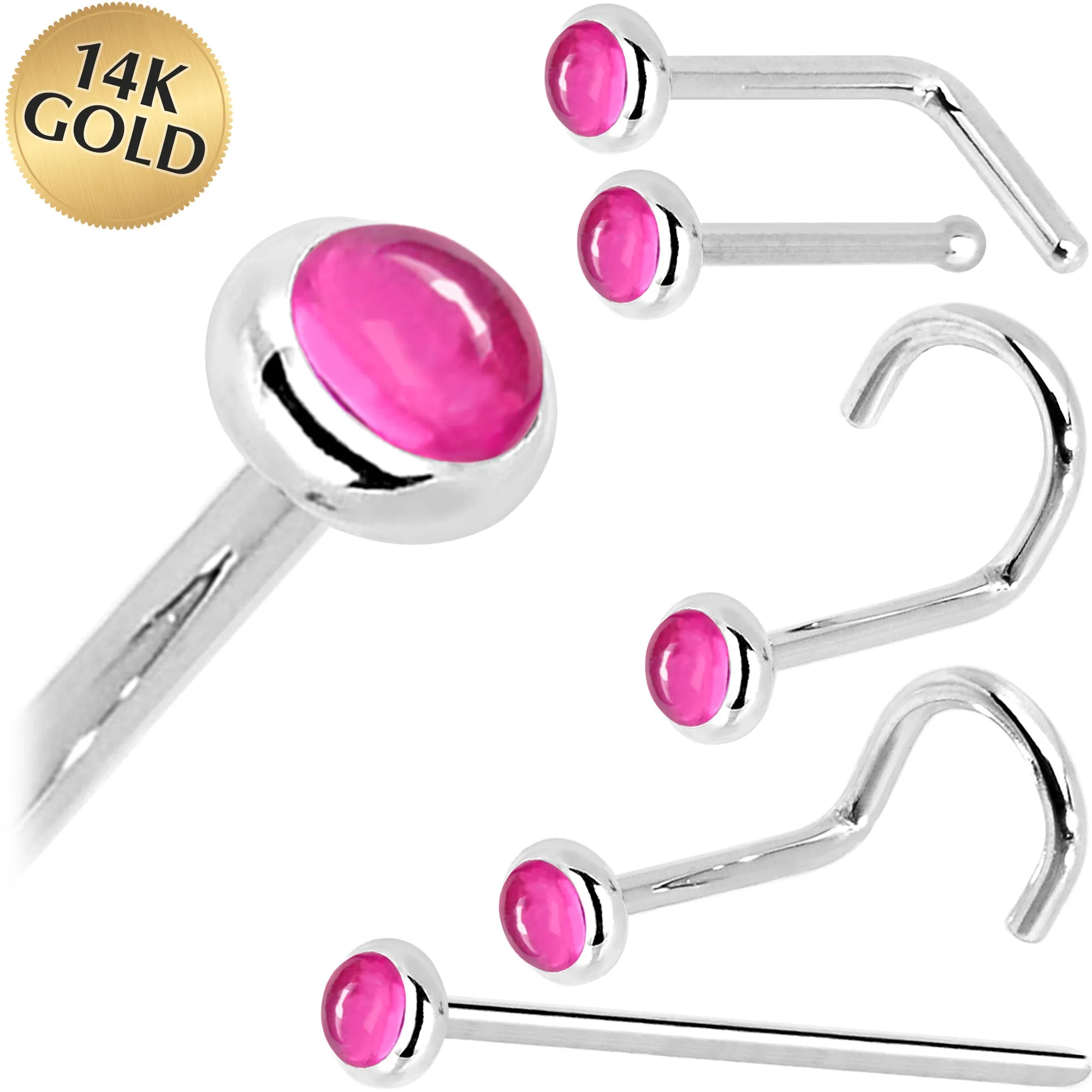 Solid 14KT White Gold 2mm Pink Tourmaline Nose Ring