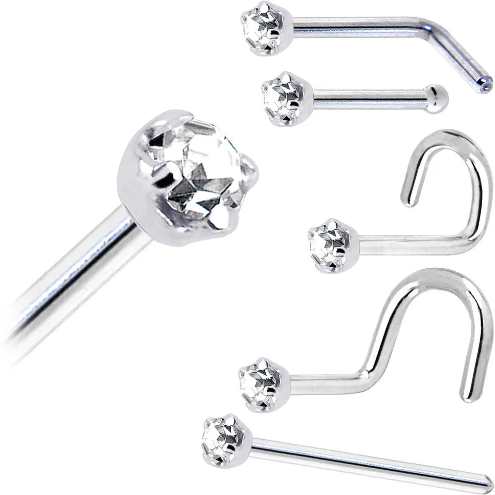 Solid 14KT White Gold (April) 2mm Clear Cubic Zirconia Nose Ring