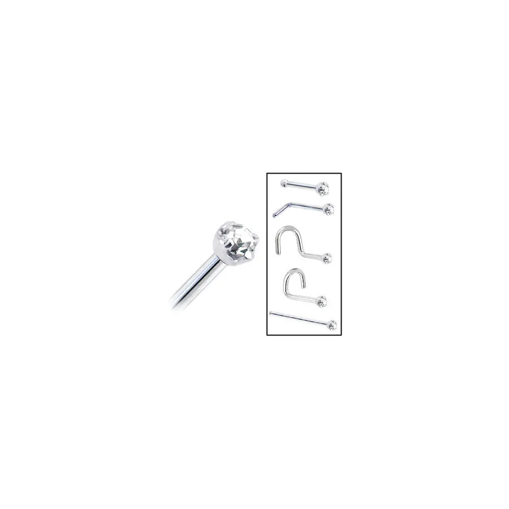 Solid 14KT White Gold (April) 2mm Clear Cubic Zirconia Nose Ring