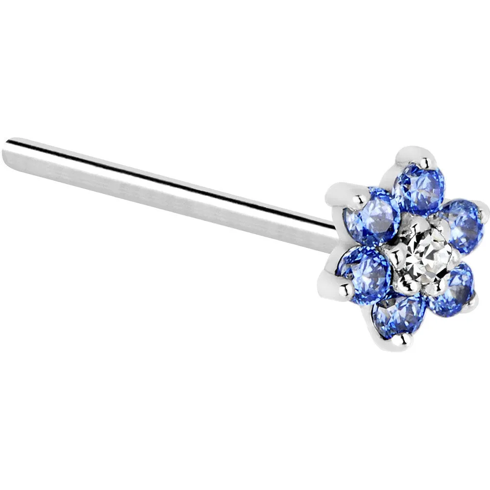 Solid 14KT White Gold Arctic Blue and Clear Cubic Zirconia Flower Nose Ring