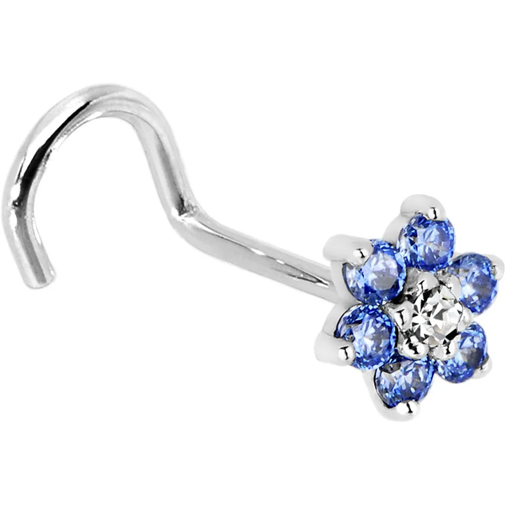 Solid 14KT White Gold Arctic Blue and Clear Cubic Zirconia Flower Nose Ring