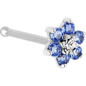 Solid 14KT White Gold Arctic Blue and Clear Cubic Zirconia Flower Nose Ring