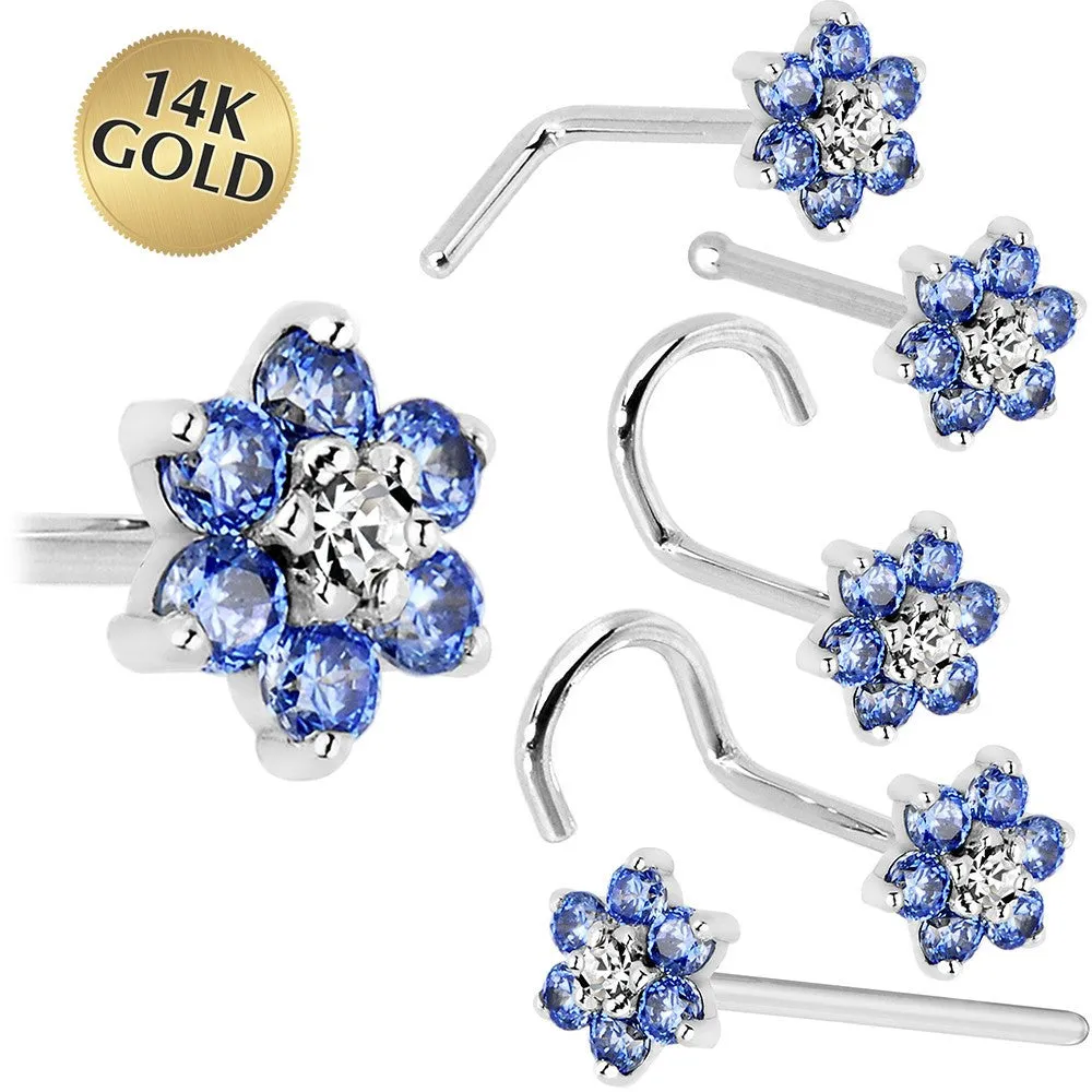 Solid 14KT White Gold Arctic Blue and Clear Cubic Zirconia Flower Nose Ring