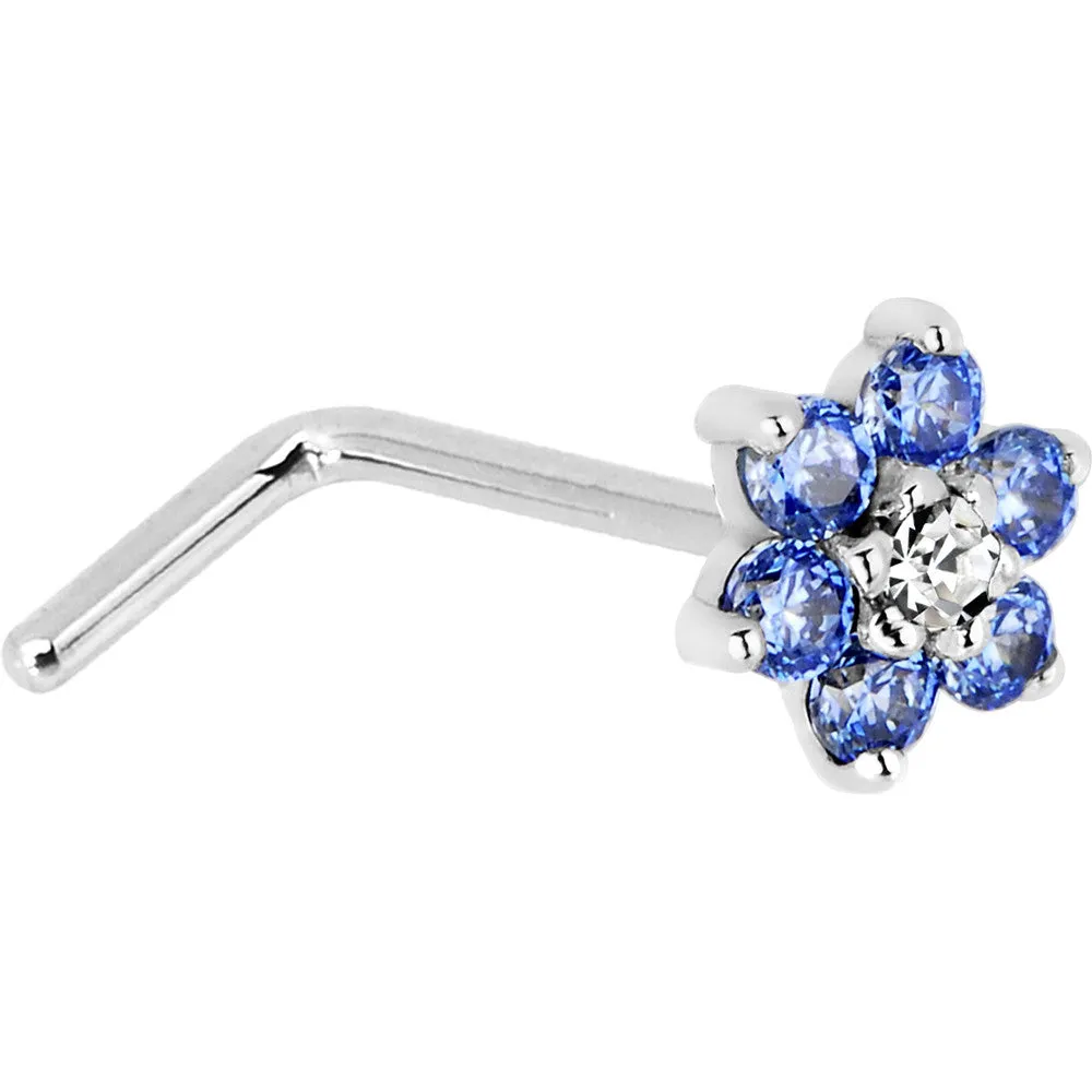 Solid 14KT White Gold Arctic Blue and Clear Cubic Zirconia Flower Nose Ring