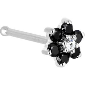 Solid 14KT White Gold Black and Clear Cubic Zirconia Flower Nose Ring