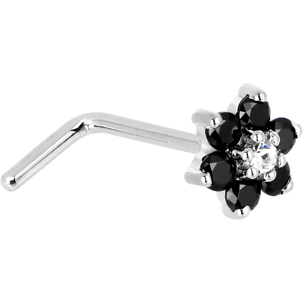 Solid 14KT White Gold Black and Clear Cubic Zirconia Flower Nose Ring