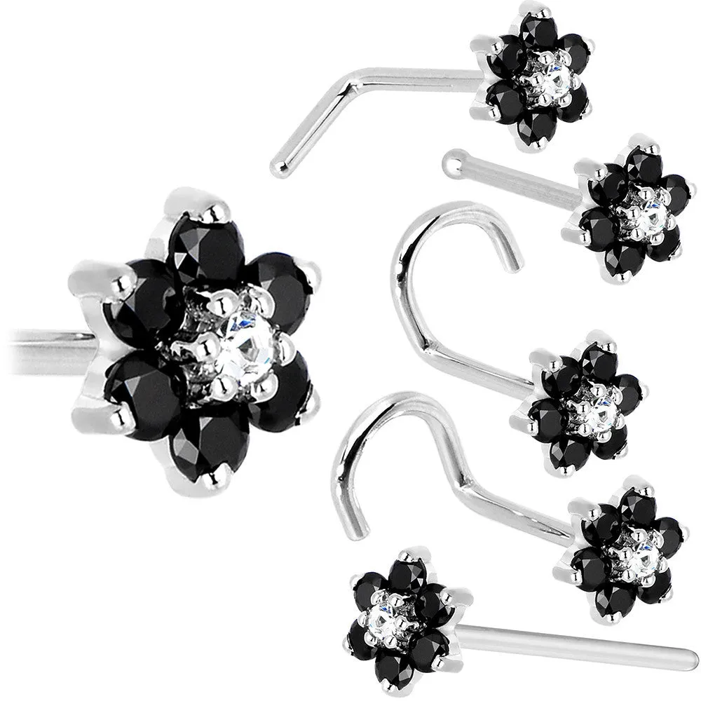 Solid 14KT White Gold Black and Clear Cubic Zirconia Flower Nose Ring