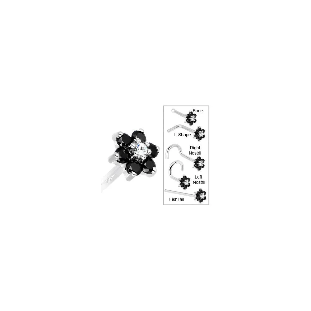 Solid 14KT White Gold Black and Clear Cubic Zirconia Flower Nose Ring