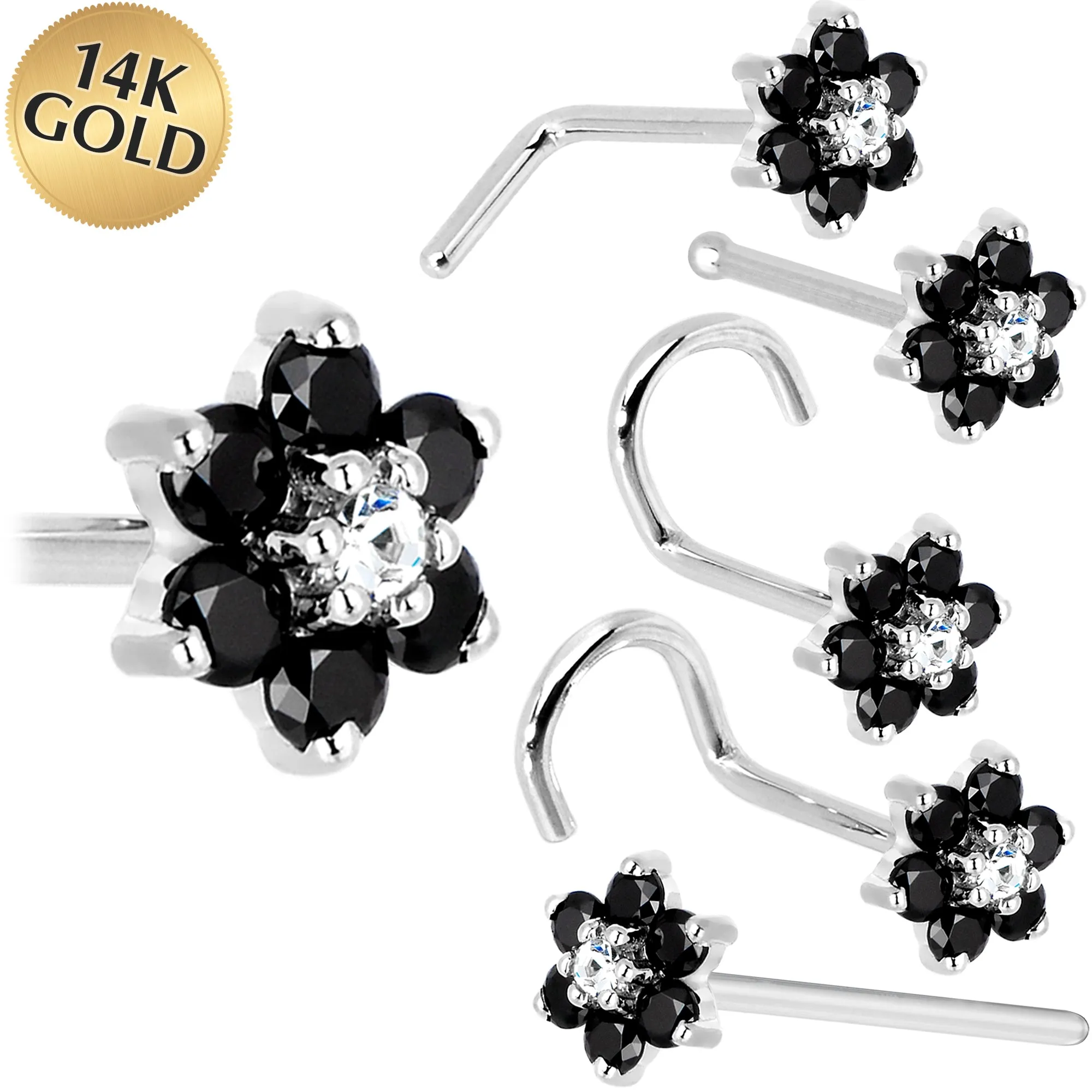 Solid 14KT White Gold Black and Clear Cubic Zirconia Flower Nose Ring