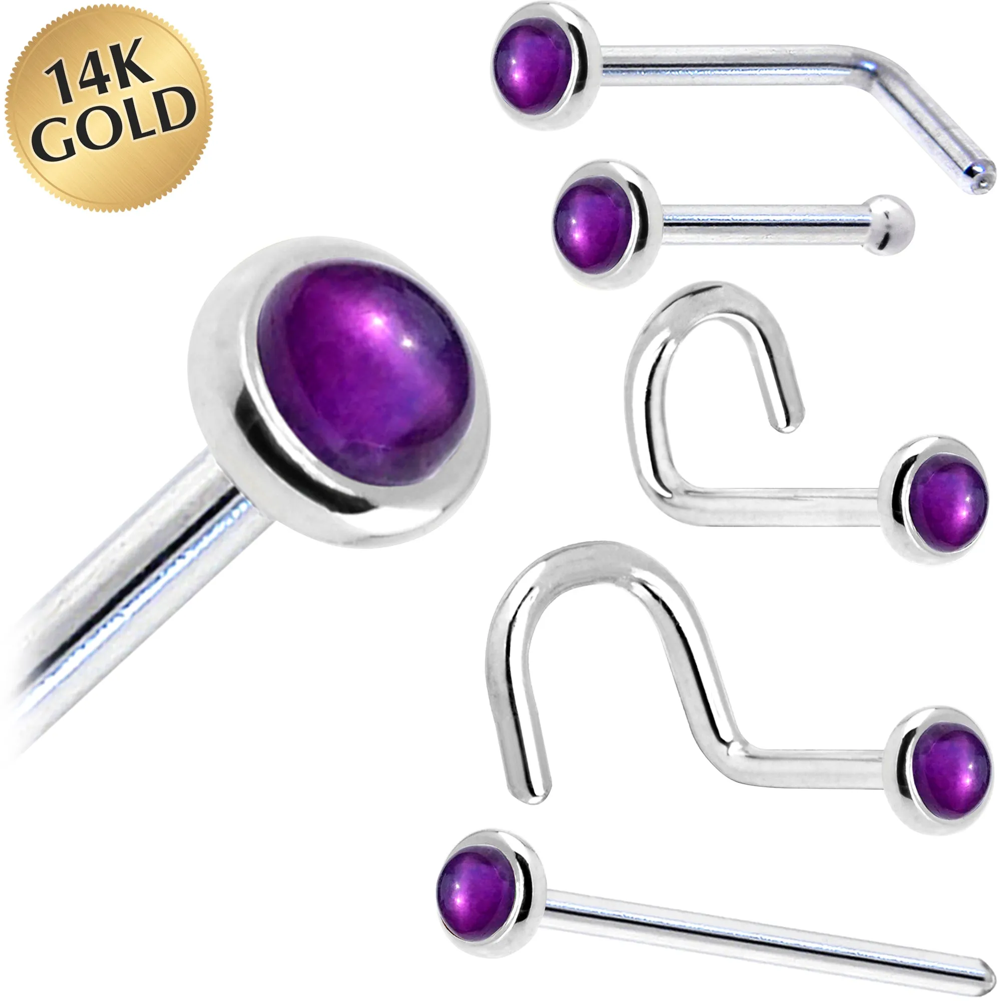 Solid 14KT White Gold (Febraury) 2mm Genuine Amethyst Nose Ring