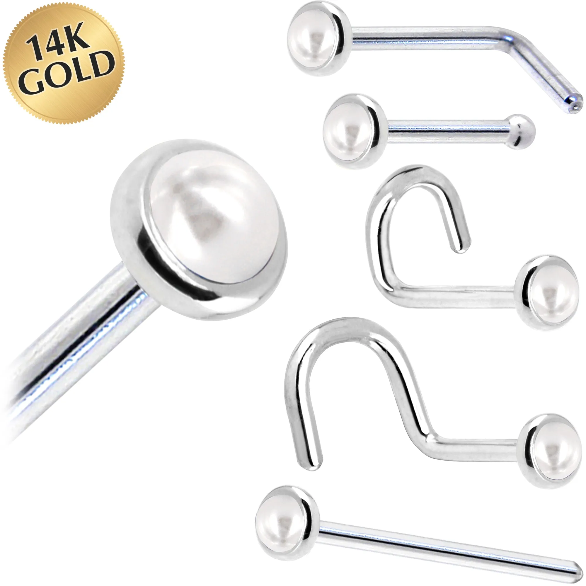 Solid 14KT White Gold (June) 2mm Cultured Pearl Nose Ring