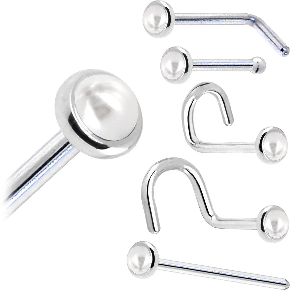 Solid 14KT White Gold (June) 2mm Cultured Pearl Nose Ring